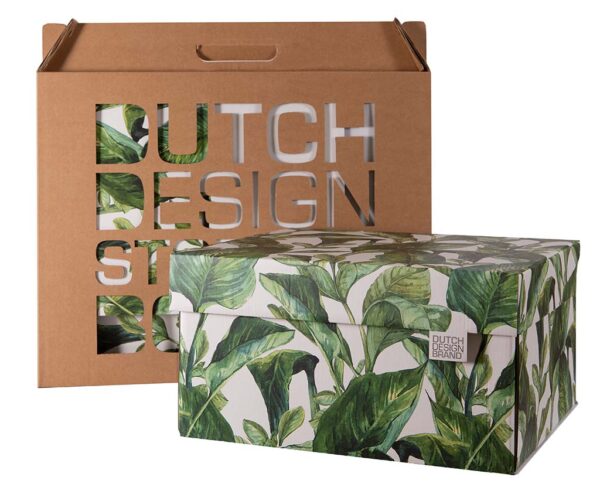 Green Leaves Storage Box with packaging. the box is adorned with large green leaves on a white background.