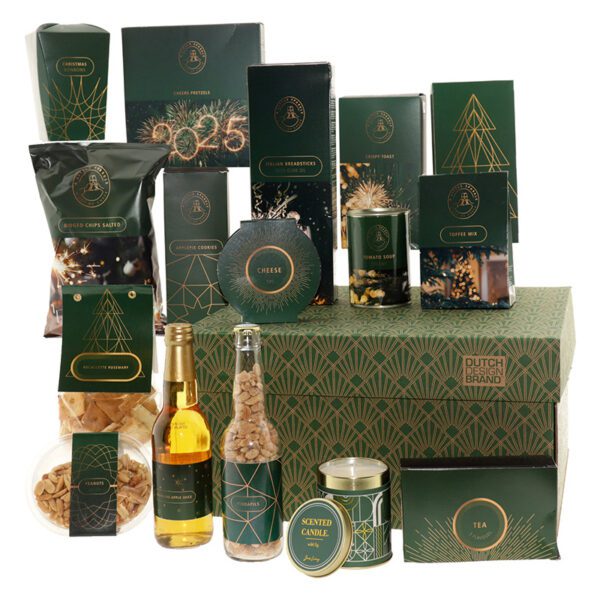 The Cheers to gift box with gourmet items in green and gold packaging, themed for 2025. Includes cheese, breadsticks, chips, cookies, peanuts, toffee mix, tomato soup, apple juice, a scented candle, and tea.